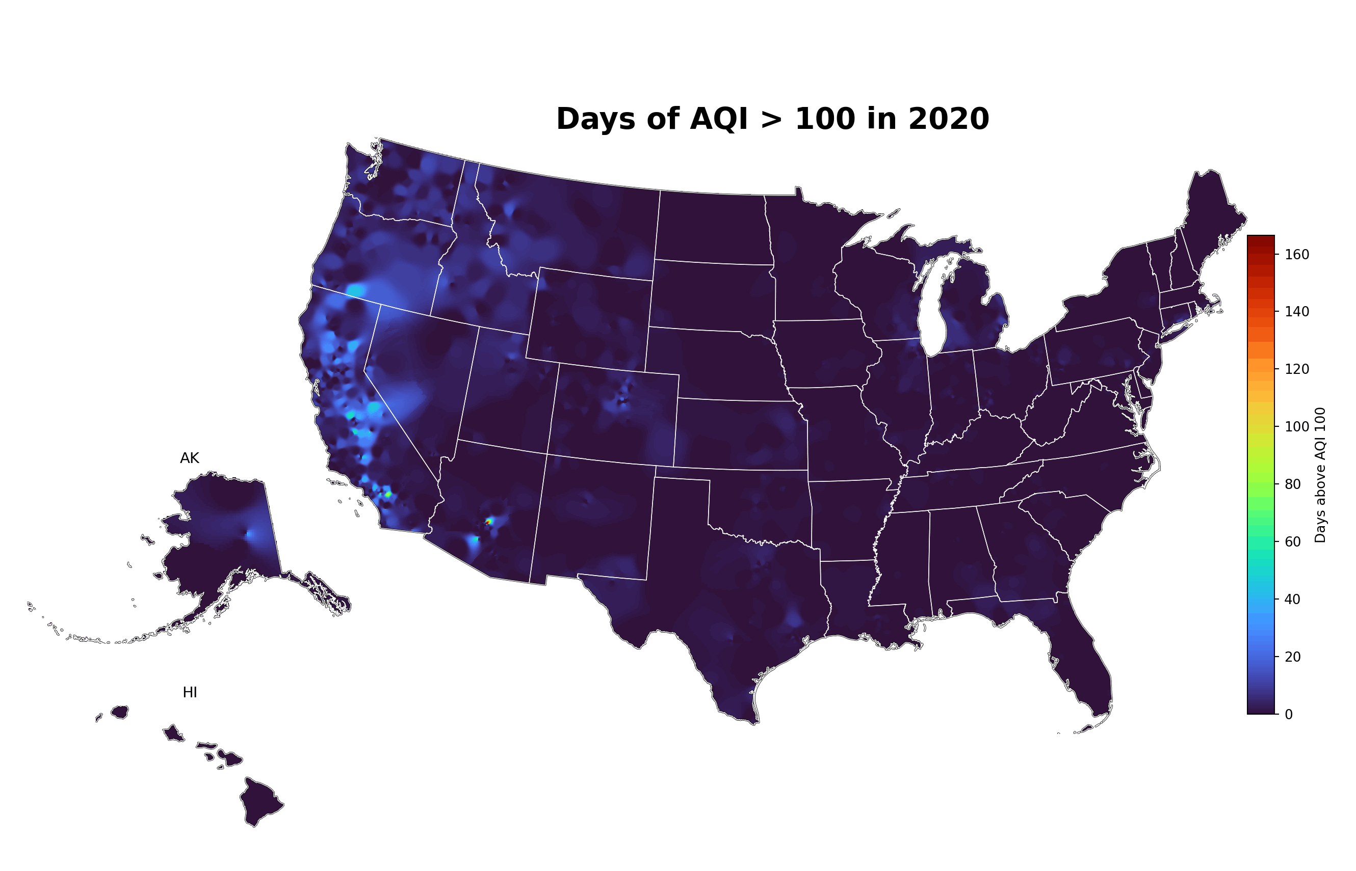 Animated map showing Days of AQI greater than 100 across the United States from 2020 to 2025.